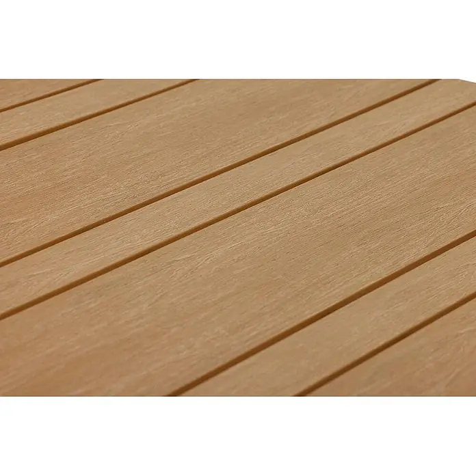 Ebuy24 Gartentisch Noah - L x B x H: 90 x 150 x 74 cm, Ø x H: 150 x 74 cm, Aluminium, Nonwood, Sonstige, Teak - Hellebraune, strukturierte Holzoptik-Bretter, parallel angeordnet.