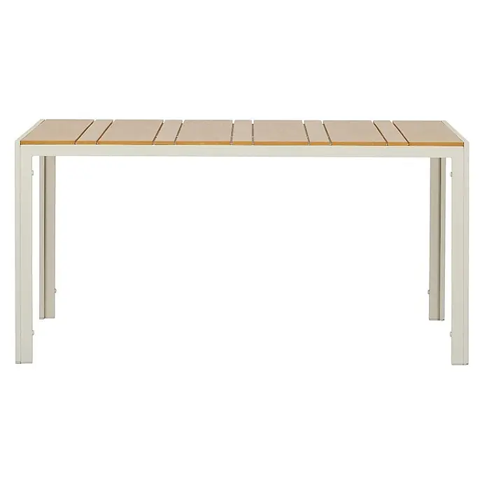Ebuy24 Gartentisch Noah - L x B x H: 90 x 150 x 74 cm, Ø x H: 150 x 74 cm, Aluminium, Nonwood, Sonstige, Teak - Rechteckiger Gartentisch mit heller Holzlattenplatte und cremefarbenem Metallgestell.