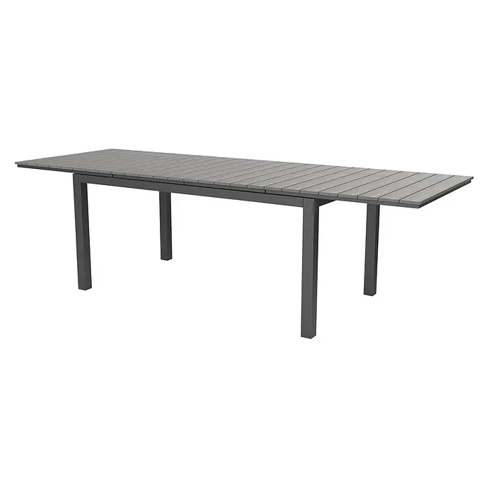 Ebuy24 Gartentisch Dory - L x B x H: 95 x 260 x 76 cm, Ø x H: 260 x 76 cm, Aluminium, Polywood, Sonstige, Schwarz - Langer rechteckiger Tisch mit grauer Lattenplatte und dunkelgrauem Metallgestell.