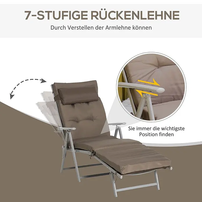 Outsunny Gartenliege - B x T: 63,5 x 190 cm, Braun, Metall, Rückenlehne verstellbar - Braune gepolsterte Liege mit grauem Metallrahmen und 7-fach verstellbarer Rückenlehne, bedienbar über die Armlehnen.