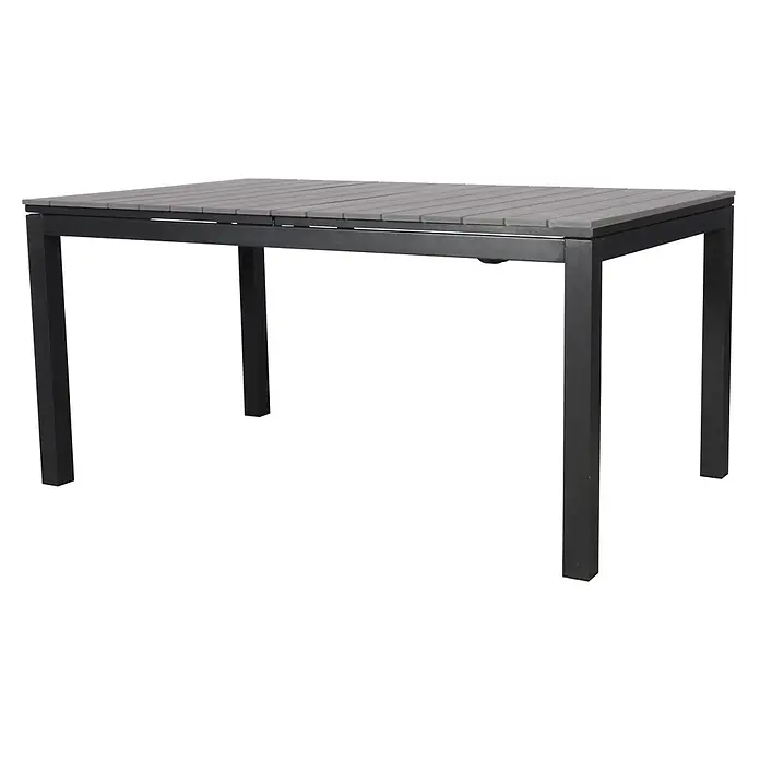 Ebuy24 Gartentisch Dory - L x B x H: 95 x 260 x 76 cm, Ø x H: 260 x 76 cm, Aluminium, Polywood, Sonstige, Schwarz - Rechteckiger Outdoor-Tisch mit dunkelgrauem Metallrahmen und hellgrauer Lattenplatte.