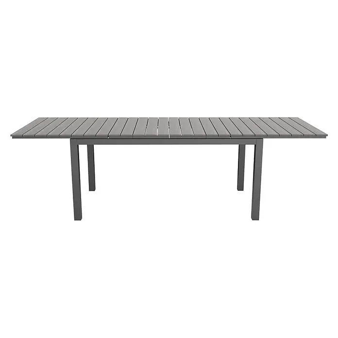 Ebuy24 Gartentisch Dory - L x B x H: 95 x 260 x 76 cm, Ø x H: 260 x 76 cm, Aluminium, Polywood, Sonstige, Schwarz - Rechteckiger Tisch mit grauer Lattenrostplatte und dunkelgrauem Metallgestell.