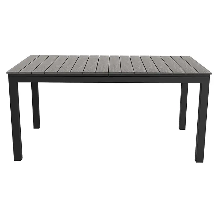 Ebuy24 Gartentisch Dory - L x B x H: 95 x 260 x 76 cm, Ø x H: 260 x 76 cm, Aluminium, Polywood, Sonstige, Schwarz - Gartentisch mit grauer Lattenplatte und schwarzem Metallgestell.