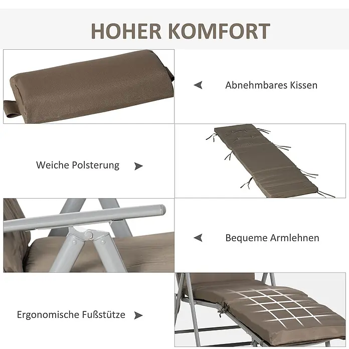 Outsunny Gartenliege - B x T: 63,5 x 190 cm, Braun, Metall, Rückenlehne verstellbar - Braunes Liegestuhlpolster: abnehmbares Kissen, weiche Polsterung, bequeme Armlehnen, ergonomische Fußstütze.