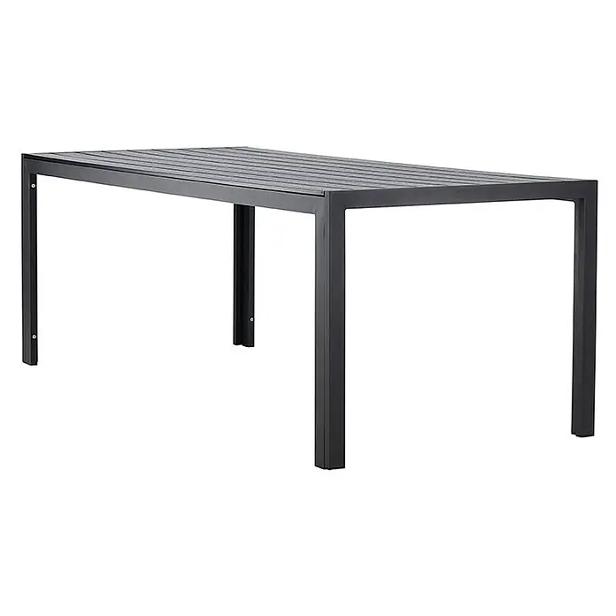 Ebuy24 Gartentisch Mirko - L x B x H: 205 x 90 x 74 cm, Ø x H: 90 x 74 cm, AluminiumSperrholz, Schwarz - Moderner, dunkelgrauer Metall-Gartentisch mit Lattenoberfläche.