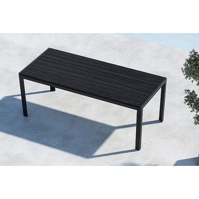 Ebuy24 Gartentisch Mirko - L x B x H: 205 x 90 x 74 cm, Ø x H: 90 x 74 cm, AluminiumSperrholz, Schwarz - Schwarzer rechteckiger Outdoor-Tisch mit Lattenplatte und Metallrahmen für den Terrassenbereich.