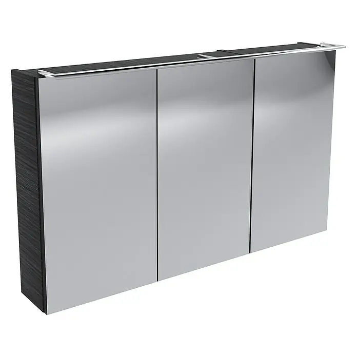 Camargue Stella LED-Spiegelschrank - B x H: 100 x 68,4 cm, Mit Beleuchtung, Dark Oak - Ein moderner Spiegelschrank mit drei Türen und einer Ablage aus Metall. Der Schrank hat eine dunkle Holzstruktur an der Seite.