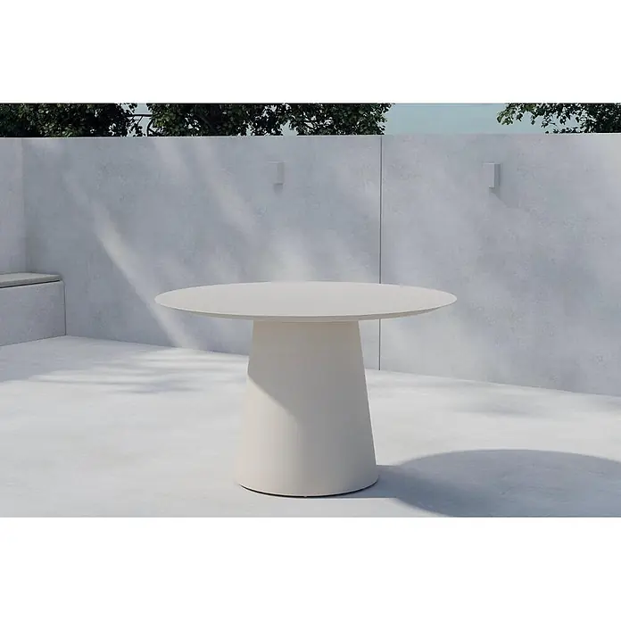 Ebuy24 Gartentisch Lanzo - L x B x H: 120 x 120 x 75 cm, Ø x H: 120 x 75 cm, Aluminium, Sonstige, Beige - Heller, runder Outdoor-Tisch mit konischem Sockel auf einer modernen Terrasse.