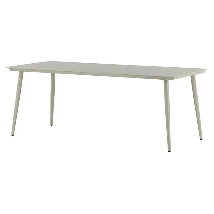 Ebuy24 Gartentisch Lina - L x B x H: 200 x 90 x 75 cm, Ø x H: 90 x 75 cm, Aluminium, Sonstige, Beige - Hellgrauer rechteckiger Tisch mit Lattenplatte und abgewinkelten Beinen.