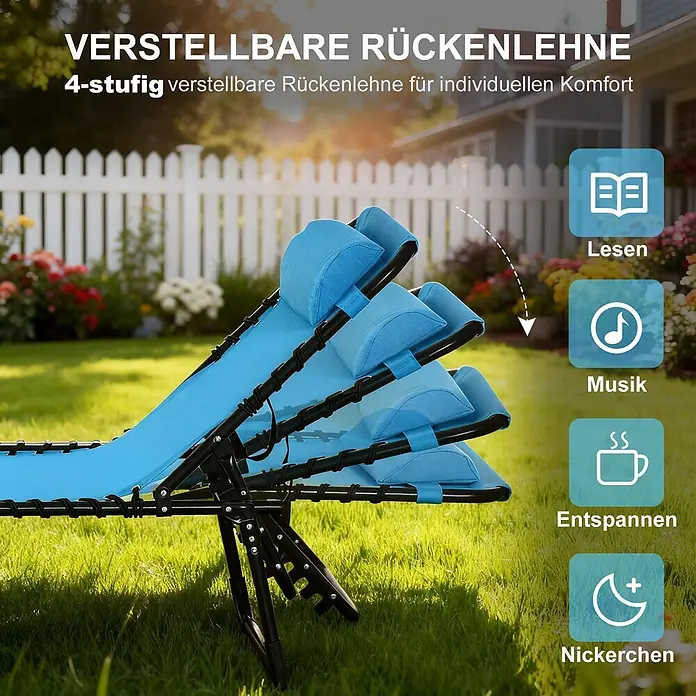 Furnicato Gartenliege - B x T: 58 x 189 cm, Blau, Polyester - Blauer verstellbarer Liegestuhl mit schwarzem Gestell im Garten, der seine 4-stufige Rückenlehne zum Lesen, Musik, Entspannen und Nickerchen zeigt.
