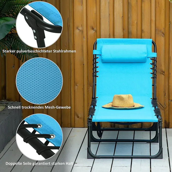 Furnicato Gartenliege - B x T: 58 x 189 cm, Blau, Polyester - Blauer klappbarer Outdoor-Liegestuhl mit schwarzem pulverbeschichtetem Stahlrahmen und schnell trocknendem Mesh-Gewebe auf Holzterrasse.