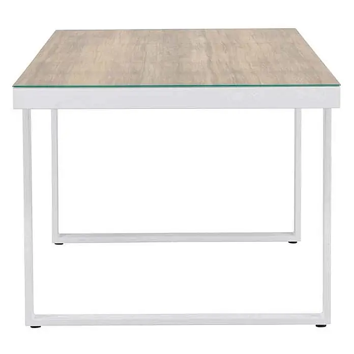 Ebuy24 Gartentisch Merlo - L x B x H: 200 x 90 x 75 cm, Ø x H: 90 x 75 cm, Aluminium, Weiß - Moderner Schreibtisch mit heller Holzoptik-Platte, Glasauflage und weißem Metallgestell.