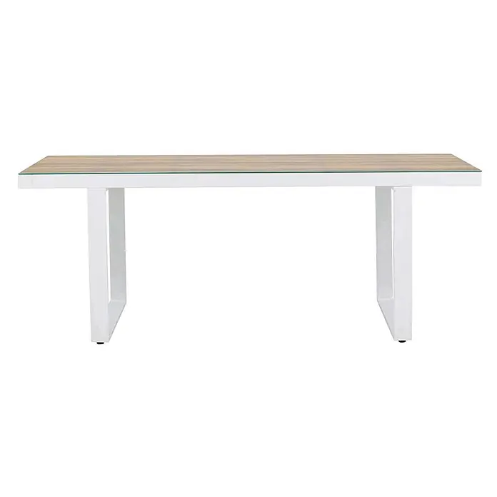 Ebuy24 Gartentisch Merlo - L x B x H: 200 x 90 x 75 cm, Ø x H: 90 x 75 cm, Aluminium, Weiß - Rechteckiger Tisch mit heller Holz- und klarer Glasplatte, getragen von weißen U-förmigen Metallbeinen.