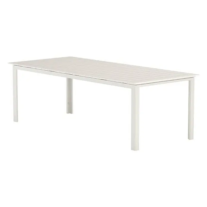 Ebuy24 Gartentisch Levels - L x B x H: 100 x 229 x 75 cm, Ø x H: 100 x 75 cm, Aluminium, Sonstige, Beige - Weißer rechteckiger Esstisch mit Lattenrostplatte und Metallgestell.