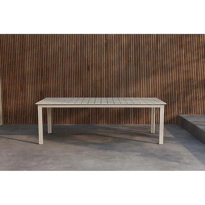 Ebuy24 Gartentisch Levels - L x B x H: 100 x 229 x 75 cm, Ø x H: 100 x 75 cm, Aluminium, Sonstige, Beige - Heller, rechteckiger Esstisch für den Außenbereich mit Lattenplatte und Metallgestell auf einer Terrasse.