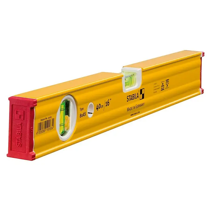 Stabila Wasserwaage 80 AS - Länge: 40 cm, Anzahl Libellen: 2 Stk. - Eine gelbe Stabila Wasserwaage 80AS mit roten Endkappen, die für präzise Messungen im Bauwesen entwickelt wurde.
