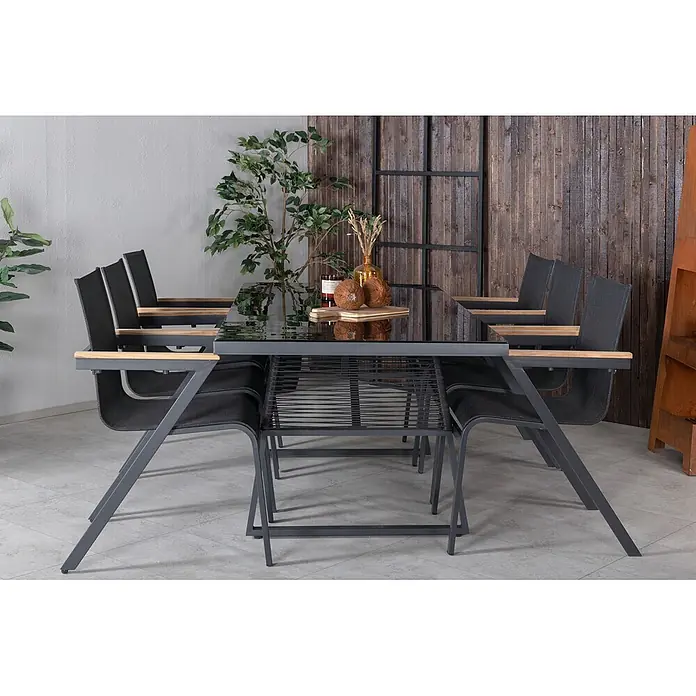 Ebuy24 Gartentisch Dallas - L x B x H: 193 x 90 x 77 cm, Ø x H: 90 x 77 cm, Aluminium, Glas, Sonstige, Schwarz - Gartentisch mit schwarzer Glasplatte und sechs schwarzen Netzstühlen mit Holzarmlehnen.