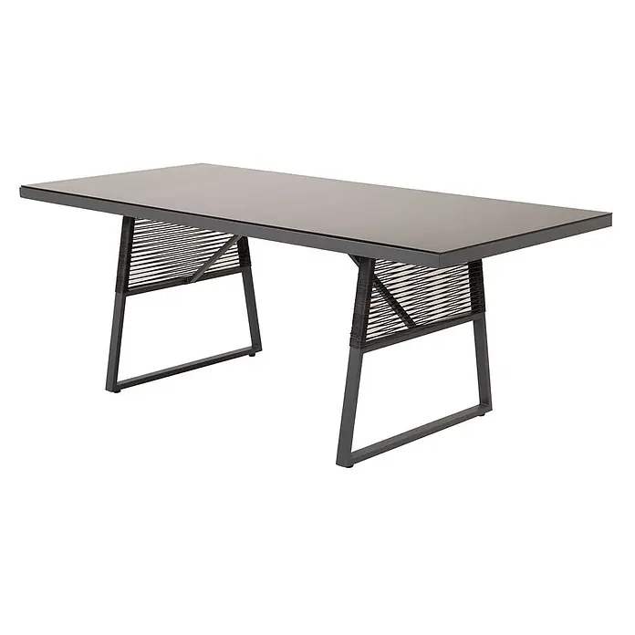 Ebuy24 Gartentisch Dallas - L x B x H: 193 x 90 x 77 cm, Ø x H: 90 x 77 cm, Aluminium, Glas, Sonstige, Schwarz - Dunkelgrauer rechteckiger Esstisch mit glatter Platte und Metallbeinen mit schwarzen geflochtenen Seilpaneelen.
