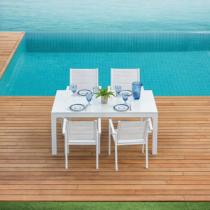 Sunfun Conjunto de muebles Petra + Nancy (5 pzs., Aluminio/Vidrio, Blanco) | BAUHAUS