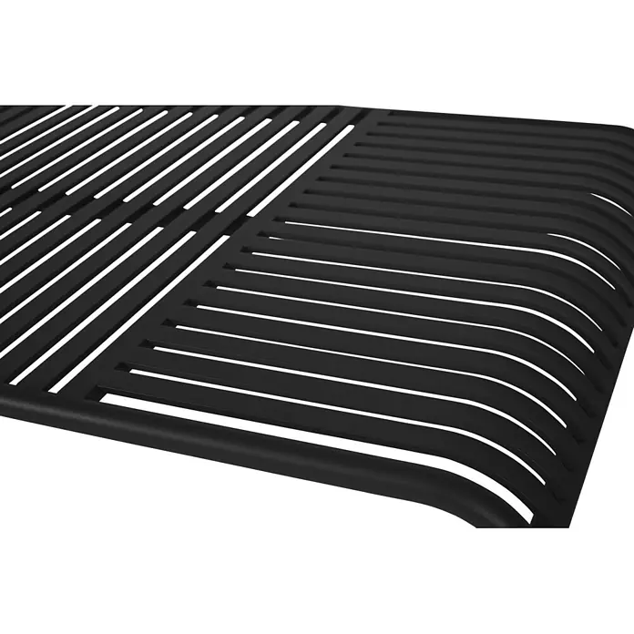Ebuy24 Gartentisch Stella - L x B x H: 90 x 150 x 75 cm, Ø x H: 150 x 75 cm, Aluminium, Schwarz - Schwarze Lamellenfläche mit geometrischen Mustern und gebogener Kante.