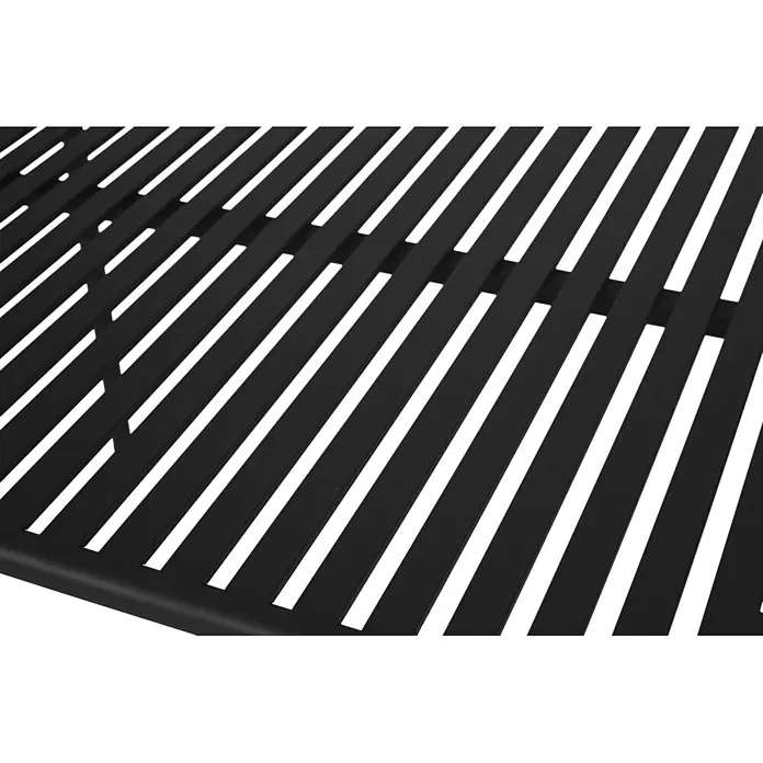 Ebuy24 Gartentisch Stella - L x B x H: 90 x 150 x 75 cm, Ø x H: 150 x 75 cm, Aluminium, Schwarz - Schwarze Lamellenfläche mit regelmäßigen, parallelen Spalten.
