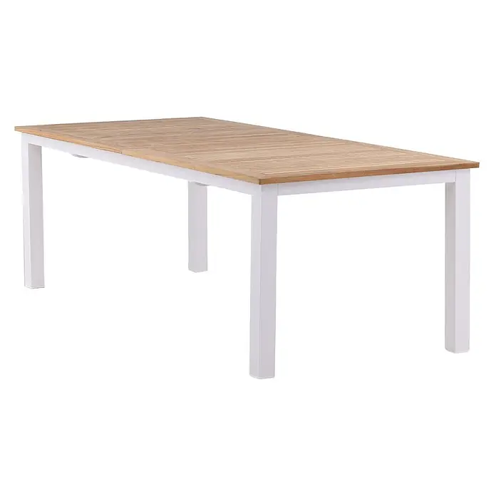 Ebuy24 Gartentisch Panama - L x B x H: 324 x 100 x 75 cm, Ø x H: 100 x 75 cm, Aluminium, Teak, Sonstige, Weiß - Ausziehbarer Gartentisch mit natürlicher Holzplatte und weißem Gestell.