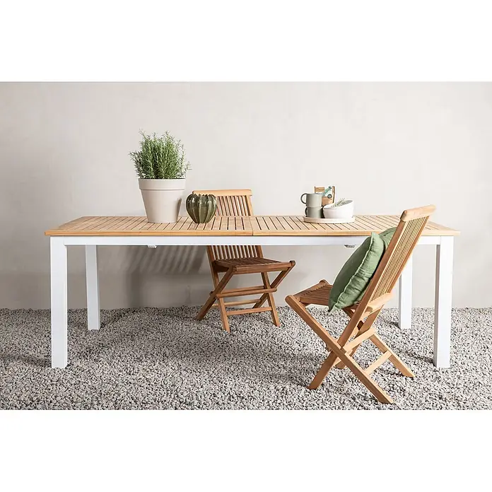 Ebuy24 Gartentisch Panama - L x B x H: 324 x 100 x 75 cm, Ø x H: 100 x 75 cm, Aluminium, Teak, Sonstige, Weiß - Outdoor-Esstischgarnitur mit Holztischplatte, weißen Beinen und passenden Holz-Klappstühlen.