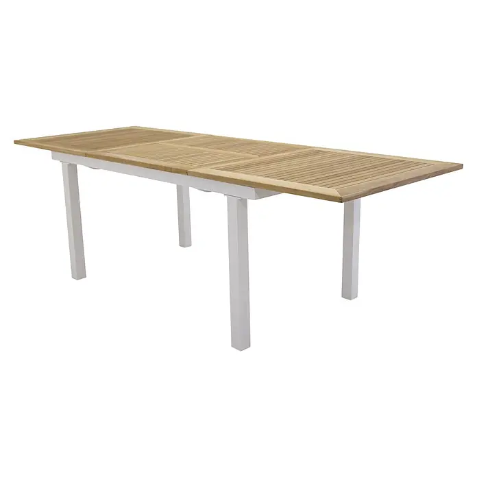 Ebuy24 Gartentisch Panama - L x B x H: 324 x 100 x 75 cm, Ø x H: 100 x 75 cm, Aluminium, Teak, Sonstige, Weiß - Ausziehbarer Gartentisch mit Holzlattenplatte und weißen Beinen.