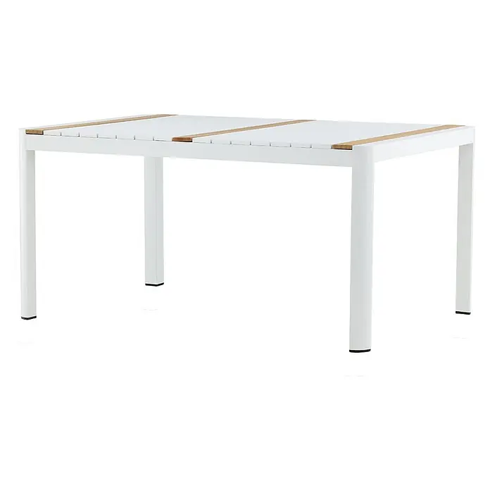 Ebuy24 Gartentisch Togo - L x B x H: 150 x 90 x 75 cm, Ø x H: 90 x 75 cm, Aluminium, Sonstige, Weiß - Rechteckiger Esstisch mit weißem Gestell und weißer Lattenplatte mit Naturholz-Akzenten.