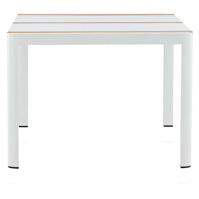 Ebuy24 Gartentisch Togo - L x B x H: 150 x 90 x 75 cm, Ø x H: 90 x 75 cm, Aluminium, Sonstige, Weiß - Weißer Lamellentisch mit Naturholz-Akzenten.