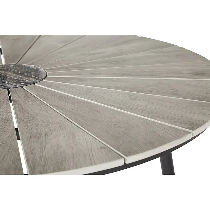 Ebuy24 Gartentisch Dance - L x B x H: 120 x 120 x 75 cm, Ø x H: 120 x 75 cm, Metal, Aluminium, Polywood, Marmor, Sonstige, Schwarz - Runde Tischplatte mit hellgrauen Holz-Optik Lamellen und dunklem Marmor-Optik Mittelteil.