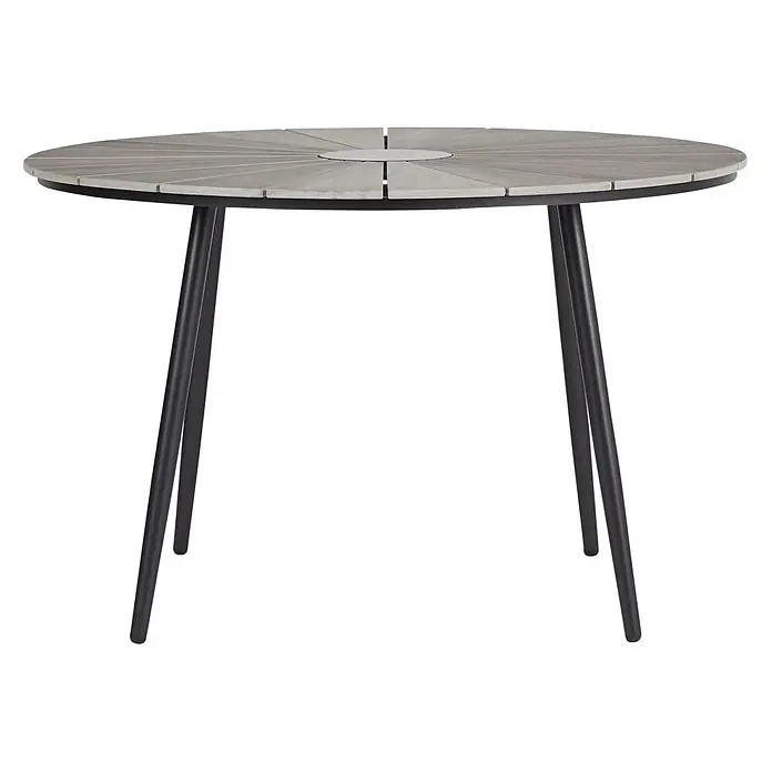 Ebuy24 Gartentisch Dance - L x B x H: 120 x 120 x 75 cm, Ø x H: 120 x 75 cm, Metal, Aluminium, Polywood, Marmor, Sonstige, Schwarz - Runder Tisch mit grauer Lattenplatte und schwarzen Metallbeinen.