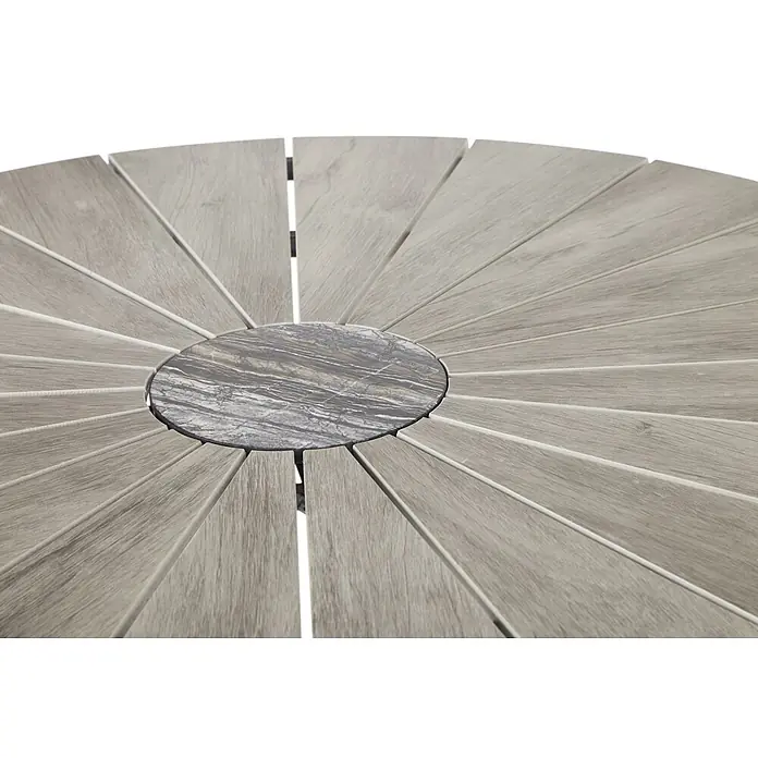 Ebuy24 Gartentisch Dance - L x B x H: 120 x 120 x 75 cm, Ø x H: 120 x 75 cm, Metal, Aluminium, Polywood, Marmor, Sonstige, Schwarz - Runde Tischplatte mit Holzoptik-Lamellen in Grau, die von einer zentralen grauen Marmorplatte ausstrahlen.
