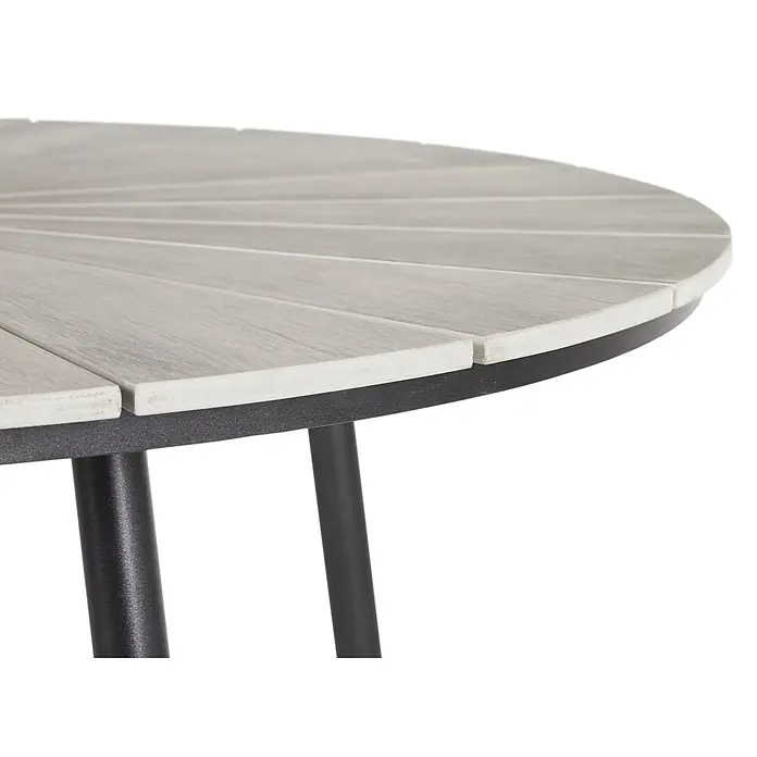Ebuy24 Gartentisch Dance - L x B x H: 120 x 120 x 75 cm, Ø x H: 120 x 75 cm, Metal, Aluminium, Polywood, Marmor, Sonstige, Schwarz - Runder Tisch mit hellgrauer Lattenplatte und schwarzem Metallgestell.