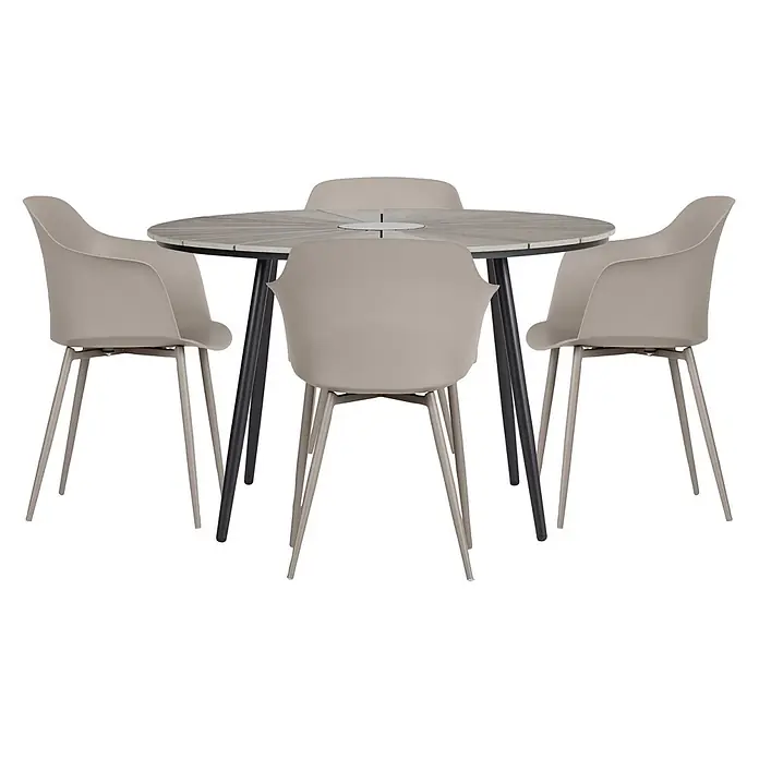 Ebuy24 Gartentisch Dance - L x B x H: 120 x 120 x 75 cm, Ø x H: 120 x 75 cm, Metal, Aluminium, Polywood, Marmor, Sonstige, Schwarz - Runder Esstisch mit hellgrauer Lattenplatte und schwarzem Gestell, dazu vier taupefarbene Stühle mit passenden Beinen.