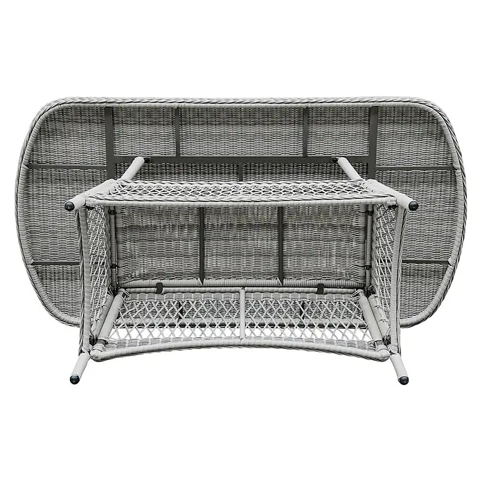 Ebuy24 Gartentisch Hvalo - L x B x H: 90 x 165 x 74 cm, Ø x H: 165 x 74 cm, Aluminium, Rattan, Glas Rattan = Polyrattan, Sonstige, Beige - Grauer Outdoor-Tisch aus geflochtenem Korbgeflecht mit sichtbarer Metallrahmenunterseite.