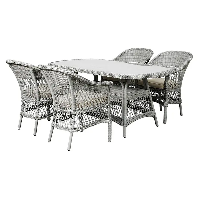 Ebuy24 Gartentisch Hvalo - L x B x H: 90 x 165 x 74 cm, Ø x H: 165 x 74 cm, Aluminium, Rattan, Glas Rattan = Polyrattan, Sonstige, Beige - Graues Polyrattan-Essgruppe für den Außenbereich mit rechteckigem Glastisch und Stühlen mit beigen Kissen.