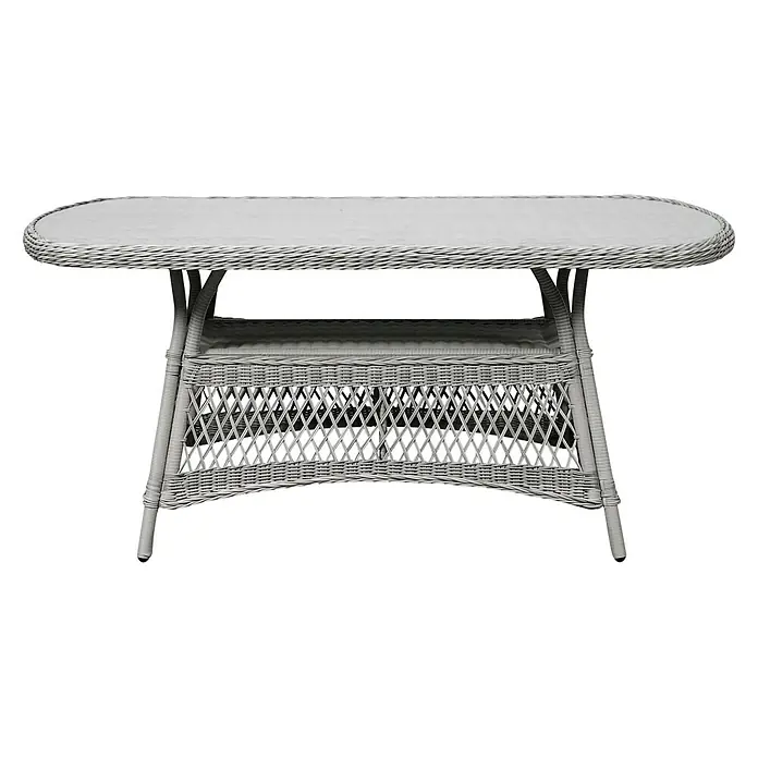 Ebuy24 Gartentisch Hvalo - L x B x H: 90 x 165 x 74 cm, Ø x H: 165 x 74 cm, Aluminium, Rattan, Glas Rattan = Polyrattan, Sonstige, Beige - Heller grauer Rattan-Gartentisch mit ovaler Glasplatte und geflochtener Ablagefläche.
