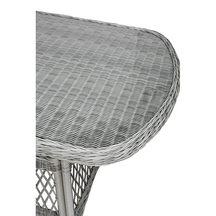 Ebuy24 Gartentisch Hvalo - L x B x H: 90 x 165 x 74 cm, Ø x H: 165 x 74 cm, Aluminium, Rattan, Glas Rattan = Polyrattan, Sonstige, Beige - Grauer ovaler Korbtisch mit geflochtener Oberfläche und klarer Abstandshalterung für eine Glasplatte.