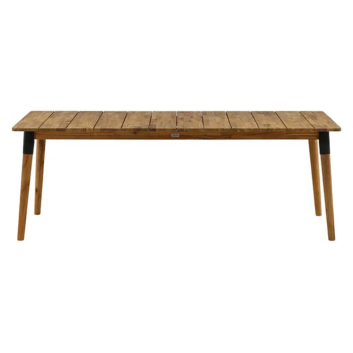 Ebuy24 Gartentisch Julian - L x B x H: 210 x 100 x 75 cm, Ø x H: 100 x 75 cm, Akazie, Stahl, Sonstige, Teak Dekor - Rechteckiger Esstisch aus hellem Holz mit Lattenplatte und vier Holzbeinen mit schwarzen Akzenten.