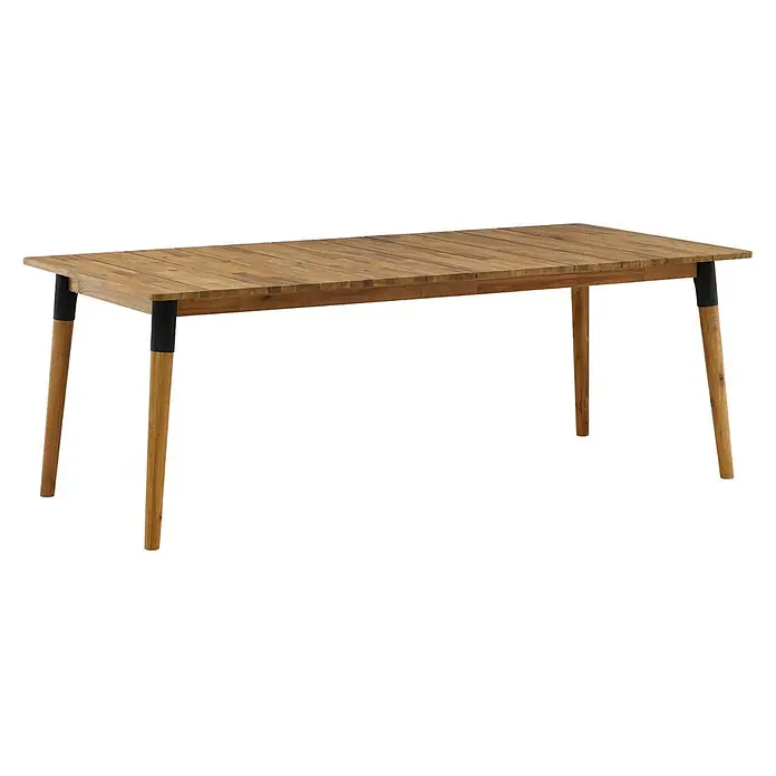 Ebuy24 Gartentisch Julian - L x B x H: 210 x 100 x 75 cm, Ø x H: 100 x 75 cm, Akazie, Stahl, Sonstige, Teak Dekor - Rechteckiger Esstisch aus Holzlamellen mit konischen Beinen und schwarzen Beinverbindern.