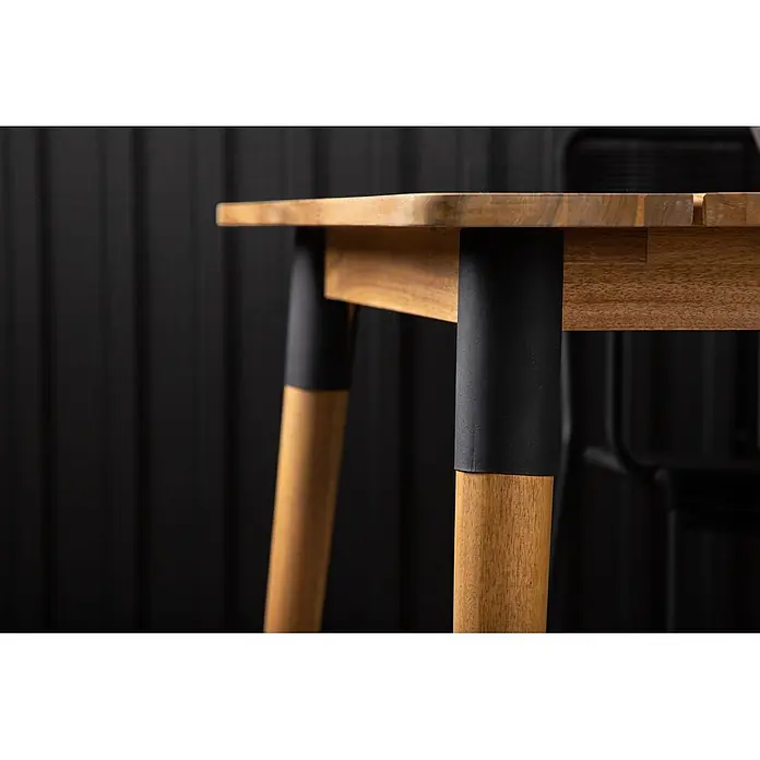 Ebuy24 Gartentisch Julian - L x B x H: 210 x 100 x 75 cm, Ø x H: 100 x 75 cm, Akazie, Stahl, Sonstige, Teak Dekor - Holztisch mit schwarzen Manschetten an den Beinen, in modernem Interieur.