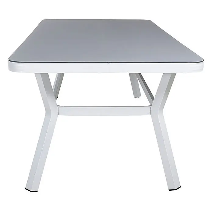 Ebuy24 Gartentisch Massa - L x B x H: 200 x 100 x 74 cm, Ø x H: 100 x 74 cm, Aluminium, Glas, Schnur, Sonstige, Weiß - Rechteckiger Tisch mit grauer Platte und weißen X-förmigen Beinen.