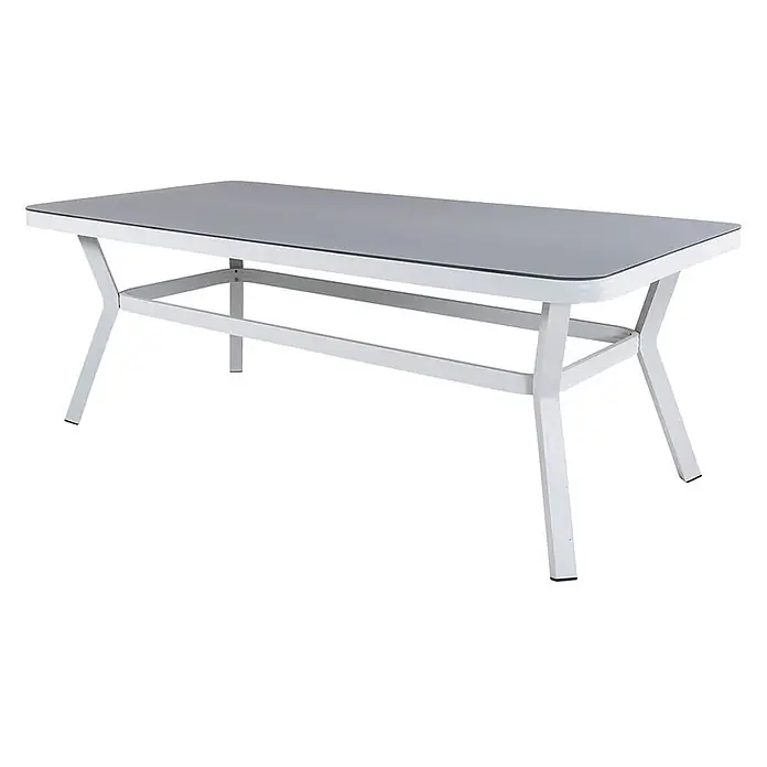 Ebuy24 Gartentisch Massa - L x B x H: 200 x 100 x 74 cm, Ø x H: 100 x 74 cm, Aluminium, Glas, Schnur, Sonstige, Weiß - Weißer Gartentisch mit grauer Tischplatte.