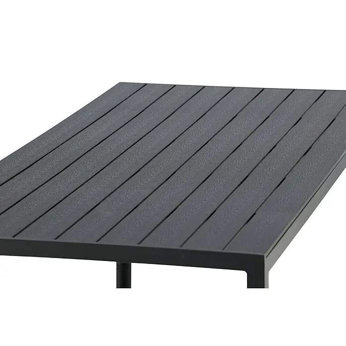 Ebuy24 Gartentisch Break - L x B x H: 205 x 90 x 74 cm, Ø x H: 90 x 74 cm, Aintwood, Aluminium, Sonstige, Schwarz - Dunkelgraue Tischplatte mit Lamellenstruktur und Holzmaserung.