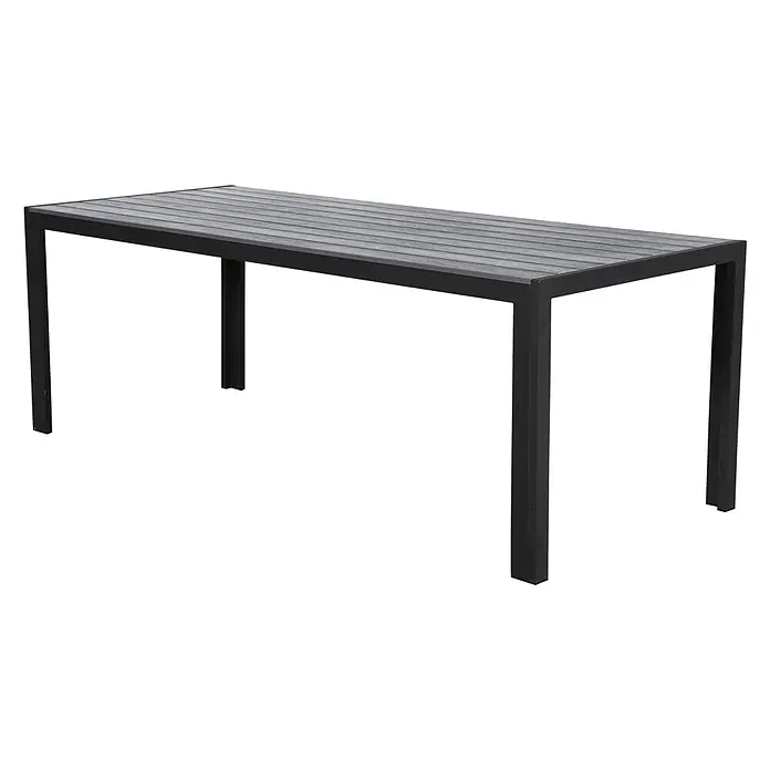 Ebuy24 Gartentisch Fall - L x B x H: 90 x 205 x 75 cm, Ø x H: 205 x 75 cm, Aluminium, Polywood, Sonstige, Schwarz - Rechteckiger Outdoor-Tisch mit schwarzem Rahmen und grauer Lattenplatte.
