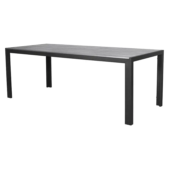 Ebuy24 Gartentisch Fall - L x B x H: 90 x 205 x 75 cm, Ø x H: 205 x 75 cm, Aluminium, Polywood, Sonstige, Schwarz - Rechteckiger Gartentisch mit grauer Lamellenplatte und schwarzem Metallrahmen und Beinen.
