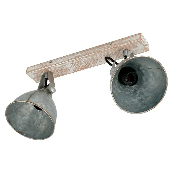 Tween Light Foglio Deckenstrahler - 40 W, L x B x H: 44 x 19 x 21 cm, Silber, E27, Anzahl Leuchtmittel: 2 Stk. - Eine rustikale Deckenleuchte mit zwei verstellbaren Metallspots und einer Holzhalterung. Das Design ist industriell und vintage-inspiriert.