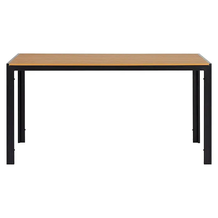 Ebuy24 Gartentisch Noah - L x B x H: 90 x 150 x 75 cm, Ø x H: 150 x 75 cm, Aluminium Nonwood, Teak - Rechteckiger Tisch mit hellbrauner Holzlamellenplatte und schwarzem Metallgestell.