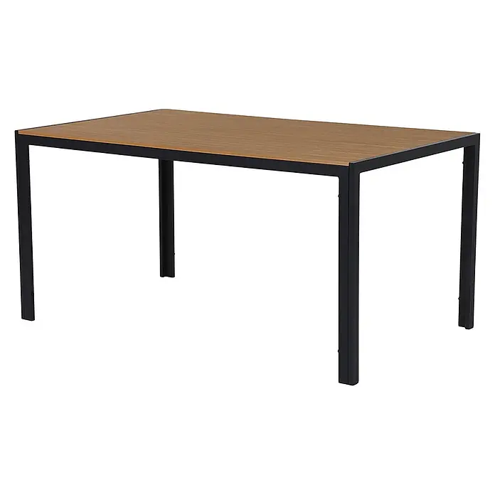 Ebuy24 Gartentisch Noah - L x B x H: 90 x 150 x 75 cm, Ø x H: 150 x 75 cm, Aluminium Nonwood, Teak - Rechteckiger Tisch mit schwarzem Metallgestell und brauner Tischplatte in Holzlattenoptik.